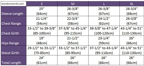 Fencing Jacket Size Chart